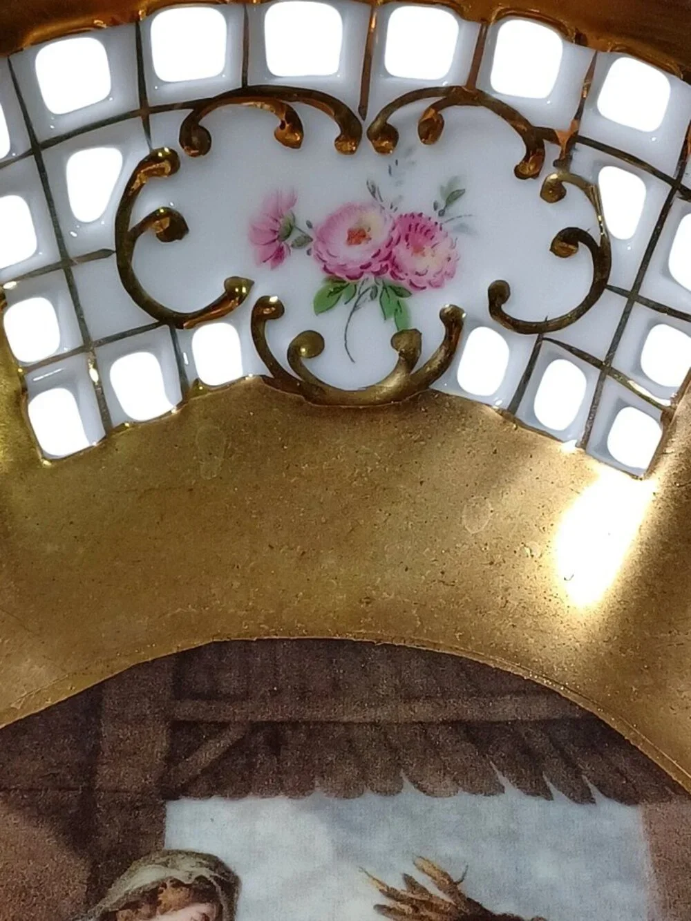 Antique Royal KPM Gold Reticulated Bowl With Pastoral Scene Hand-Painted Floral